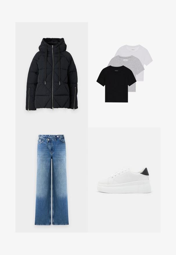 Juodas pūkinis paltas su deimanto siuvinėjimo raštu, su gobtuvu, reguliuojamomis virvėmis ir dviem priekiniais užtrauktukais. Sidabriniai užtrauktukai papildo dizainą.; Trijų trumpomis rankovėmis marškinėlių rinkinys juodos, pilkos ir baltos spalvos. Pagaminti iš medvilnės, turi apvalų iškirpimą ir paprastą, vientisos spalvos dizainą.; Šviesiai mėlynos plačios kojų džinsai su išblukusia danga, turintys klasikinį penkių kišenių dizainą ir metalinius mygtukus juosmens srityje.; Balti platforminiai sportbačiai, pagaminti iš lygios sintetinio audinio, su apvaliu pirštu, raištelių užsegimu ir tekstūruota guma padanga. Juodas kulno akcentas.