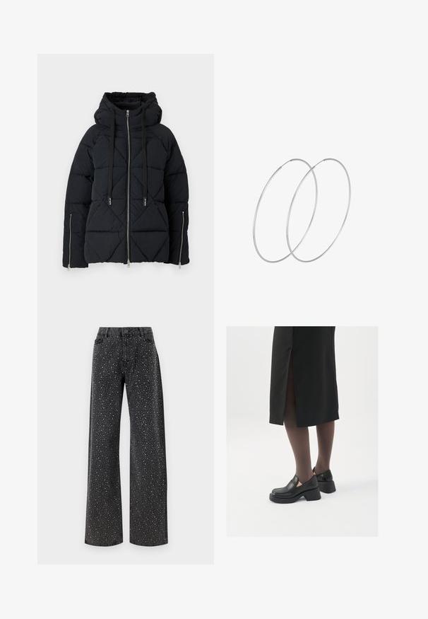 Giacca a vento nera con motivo a diamante, cappuccio, coulisse regolabili e due tasche frontali con zip. Cerniere argentate arricchiscono il design.; Due top in maglia senza maniche, a collo alto, in nero e bianco, con un design aderente e una superficie liscia, di lunghezza cropped.; Noisy May NMJANNEL LOOSE - Jeans baggy - black denim; Scarpe in pelle nera con punta arrotondata, tacco spesso a blocco e accenti laterali in elastico, abbinate a collant scuri e una gonna nera con uno spacco.; Orecchini a cerchio in argento con un design minimalista. Forma circolare, superficie liscia e profilo sottile. Leggeri con una finitura lucida.