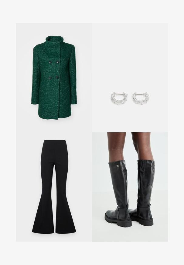 Žalias dviejų eilių paltas su aukštu apykakle, pagamintas iš tekstūruoto audinio, su dviem juodais mygtukais. Tiesus kirpimas ir ilgos rankovės.; Šviesiai pilkas trumpas megztinis su juodais ir baltais gėlių raštais, apvaliu iškirpimu ir gumburuotomis rankovėmis. Minkšta tekstūra, laisvalaikio dizainas.; Juodos plačios kelnės, pagamintos iš tamprių audinių su lygiu paviršiumi, turi aukštą liemenį ir plačias, varpo formos kojas.; Juodos iki kelių odinės botai su lygiu paviršiumi, apvaliu pirštu, stambiu padu ir užtrauktuku. Ant šono yra sidabrinė logo.; Sidabrinės auskarų kabliukų formos auskarai, papuošti aiškiais, stačiakampiais ir trikampiais kristalais, kurie išdėstyti raštuotu dizainu. Tvirtinimai, užtikrinantys saugų prilaikymą.