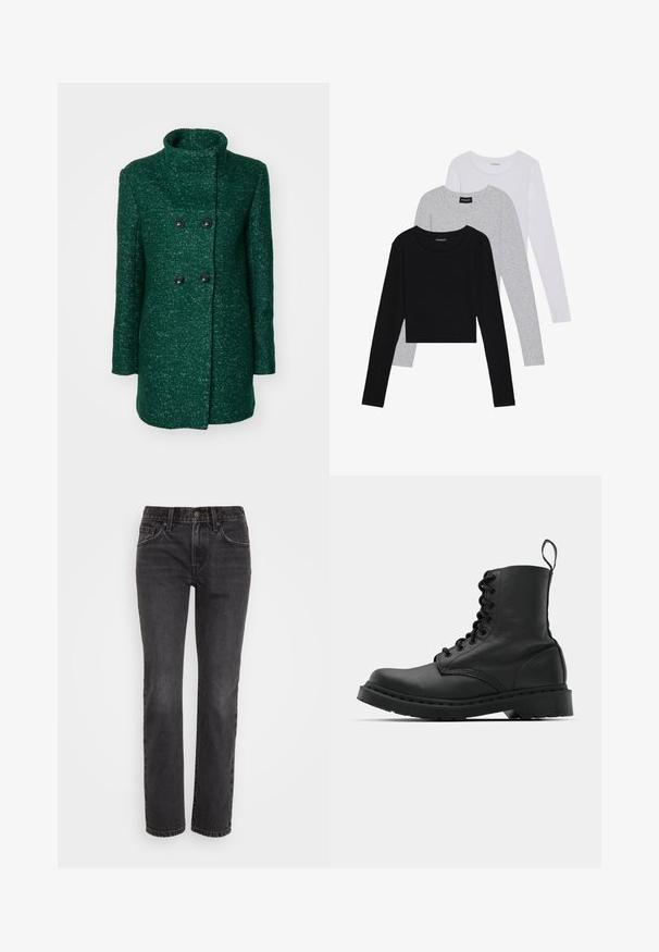 Zelena dvoredna plašča z visokim ovratnikom, ki ima teksturirano tkanino in dva črna gumb.; Tri dolga rokava zložena: črna, siva in bela. Vsaka ima okroglo izreznico in skrajšan dizajn z gladkim, lahkotnim materialom.; Črne traper hlače z ravnim krojem, ki imajo klasičen pet-pocket dizajn, zadrgo in kontrastno šivanje ob šivih.; Črne usnjene vojaške škornje s okroglo konico, z vezalkami spredaj in z zanko na gležnju. Imajo debele gumijaste podplate za dolgo življenjsko dobo.