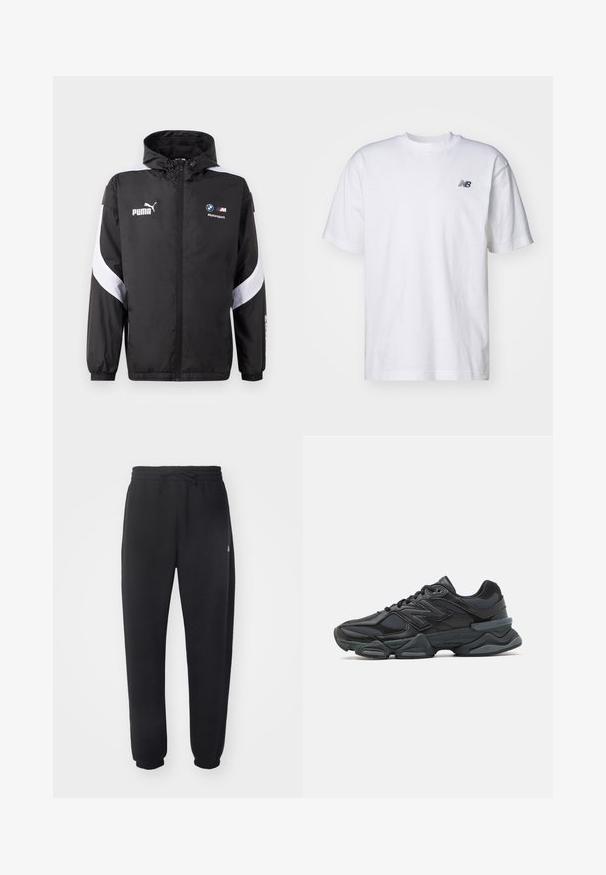 Sort vindjakke med hætte, med hvide detaljer og Puma og BMW Motorsport logoer foran. Letvægts, glat tekstur.; Hvid kortærmet T-shirt med rund hals og lille sort New Balance-logo på venstre bryst mod en ensfarvet baggrund.; Sorte sweatpants lavet af blødt materiale med elastisk talje, snore og indsnævrede manchetter, med et diskret logo på siden.; Sorte løbesko med en blanding af mesh og syntetiske materialer, kraftig sål, buet design og fremtrædende branding på siden.