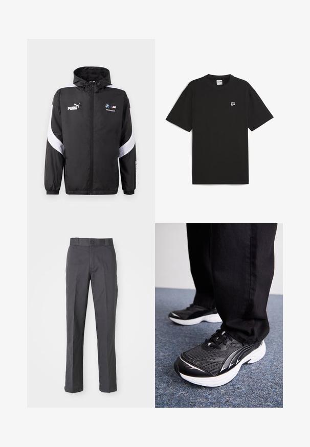 Fekete széldzseki kapucnival, fehér díszítéssel és Puma és BMW Motorsport logókkal az elején. Könnyű, sima textúrájú.; Fekete, rövid ujjú pamut póló, kerek nyakkivágással és kis fehér logóval a mellkasán. Egyszerű, laza szabású.; Sötétszürke, pamutszálból készült nadrág, egyenes szabással, elülső zsebekkel és gombos derékkal.; Fekete sportcipők hálós anyagból, fehér talppal és fekete részletekkel. A talpa textúrázott. Fekete nadrággal viselve, kék szőnyegen.