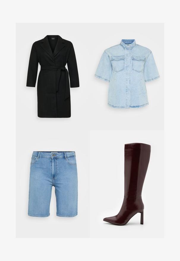 Crni kaput stiliziranog omotavanja s remenom, dugim rukavima i reverima. Napravljen od mekanog materijala s glatkom teksturom.; Svijetloplava traper košulja kratkih rukava, s dvije prednje džepove i ukrašena malim srebrnim zakovicama po cijeloj površini.; Svijetloplave traper kratke hlače klasičnog kroja, s prednjim zatvaranjem na gumb, petljama za remen i dva bočna džepa. Glatka tekstura i ravni rub.; Even&Odd Čizme - dark red