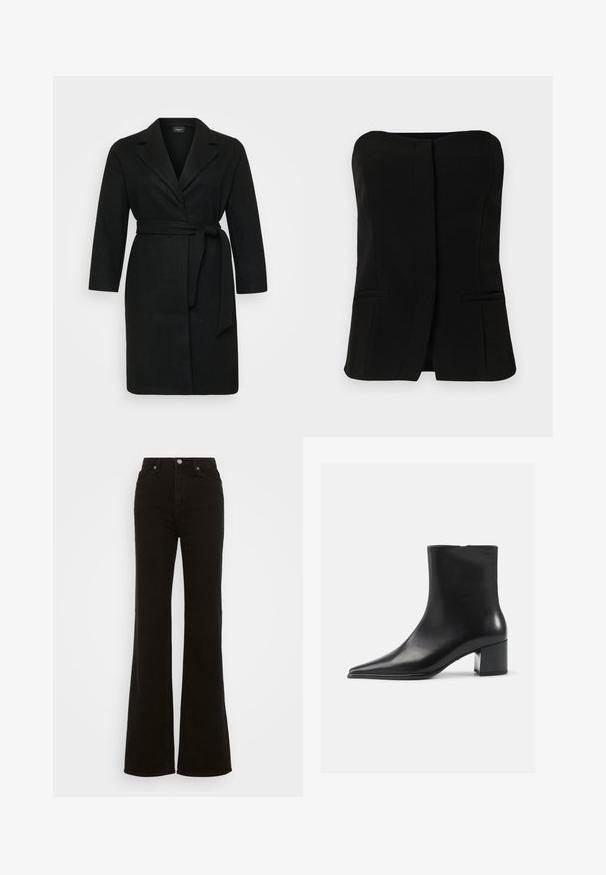 Črn plašč v zavitnem slogu z zaveznikom, dolgimi rokavi in reverjem. Narejen iz mehke tkanine z gladko teksturo.; Črna brezrokavnik s pravim izrezom, sprednjim gumbom in dvema skritima stranskima žepoma. Gladka tkanina s krojem po meri.; Črne flare kavbojke z visokim pasom, izdelane iz denima, s gumbom za zapiranje, stranskimi žepi in gladko teksturo.; Črne usnjene gležnjarje s poudavljenim nosom, gladko teksturo in srednjim blokastim petom. Minimalistična zasnova, zadrga na hrbtni strani.