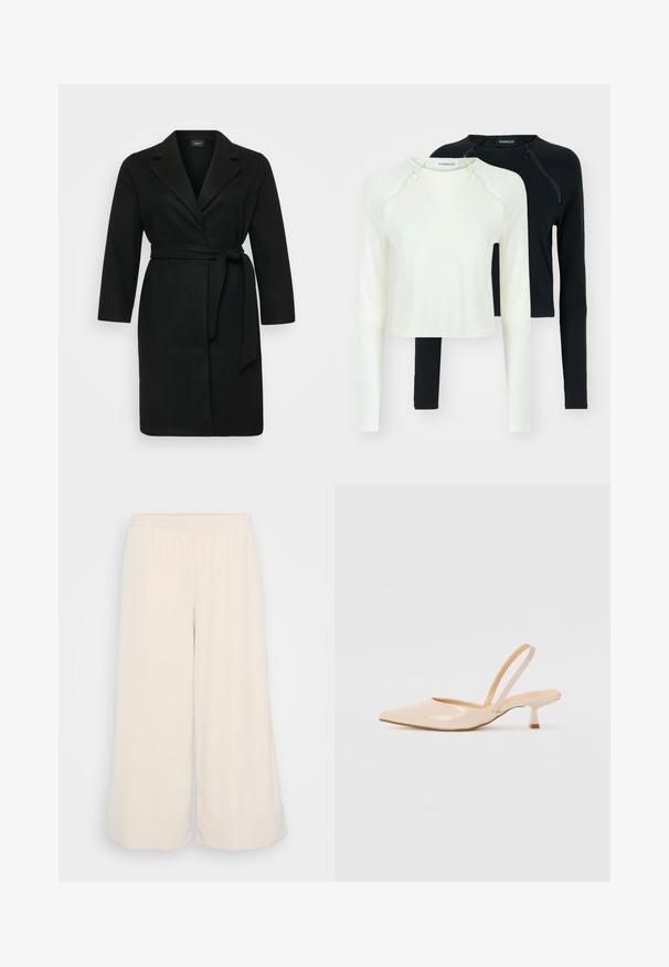 Zwarte wikkeljas met een strikceintuur, lange mouwen en reverskraag. Gemaakt van zachte stof met een gladde textuur.; Twee tops met lange mouwen, één in het wit en één in het zwart. Beide hebben ronde halslijnen en decoratieve ritsen op de schouder. Gladde stof.; Licht beige wijde pijpen broek gemaakt van zacht, gestructureerd materiaal. Elastische tailleband met een nette afwerking aan de zoom. Eenvoudig ontwerp zonder zakken.; Beige patenten leren slingback hakken met een spitse neus en een slanke, vierkante hak. Glad textuur en minimalistisch ontwerp zonder versieringen.