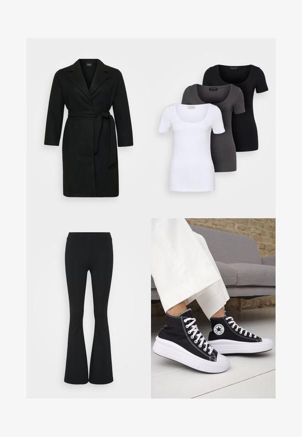 Black, wrap-style coat with a tie belt, long sleeves, and lapel collar. Made from soft fabric with a smooth texture.; Three fitted T-shirts in white, gray, and black. Each features a wide scoop neckline and short sleeves. Made from smooth, stretchy fabric.; Black flared pants made of stretchy fabric, featuring a high waistband and a smooth texture. The pants flare out from the knee.; Black high-top sneakers with white rubber soles and laces. Features a round logo patch and contrasting white stitching. Canvas material.