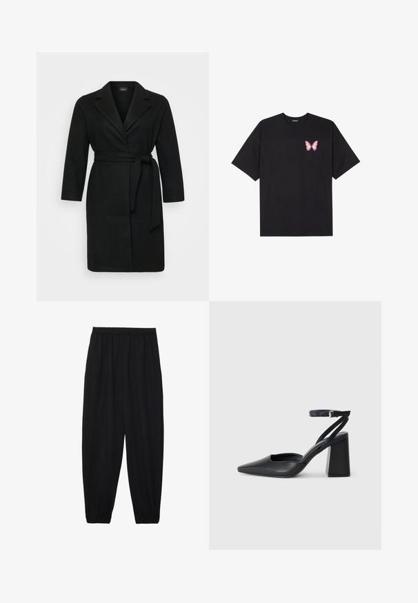 Manteau noir à envelopper avec une ceinture à nouer, manches longues et col à revers. Fabriqué en tissu doux avec une texture lisse.; T-shirt en coton noir à manches courtes, avec un petit graphique de papillon rose sur la poitrine gauche. Modèle à col rond avec une coupe décontractée.; Pantalons noirs légers avec une taille élastique et des chevilles froncées. Le tissu est lisse et présente un design décontracté et fuselé.; Escarpin noir en cuir à bout pointu avec une bride de cheville et un talon épais. Texture lisse, design élégant et esthétique minimaliste.