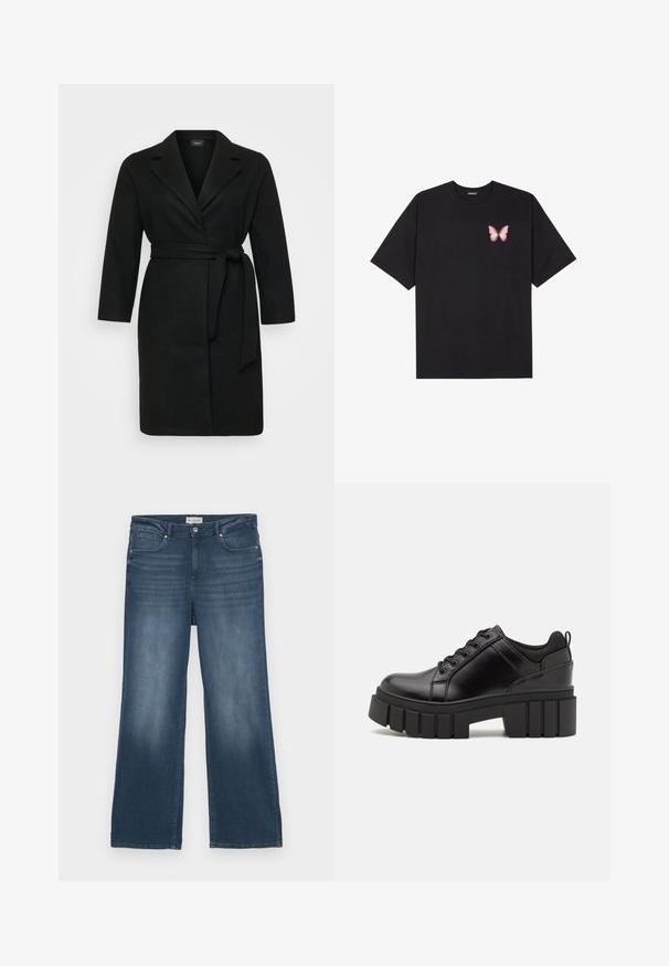 Cappotto nero di stile avvolgente con cintura da annodare, maniche lunghe e colletto a rever. Realizzato in un tessuto morbido con una superficie liscia.; T-shirt nera in cotone con maniche corte, caratterizzata da una piccola grafica di una farfalla rosa sul lato sinistro del petto. Design a girocollo con una vestibilità rilassata.; Jeans in denim blu scuro, a gamba larga, design a cinque tasche, lieve sbiadimento sulla parte anteriore, chiusura con bottone e zip, stile classico con dettagli minimi.; Scarpe platform in pelle nera con tacco a blocco robusto, punta rotonda e design tradizionale con lacci. Presentano una superficie liscia e dettagli minimi.