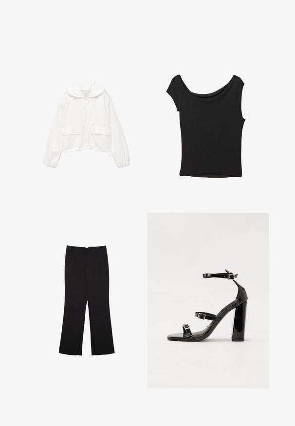 Valkoinen lyhyt takki, jossa on huppu, vetoketjukiinnitys, kaksi napilla varustettua taskua ja joustavat hihansuut. Valmistettu kevyestä, teksturoidusta kankaasta.; Musta lyhythihainen paita, joka on valmistettu sileästä kankaasta; siinä on laskeutuva kaula-aukko ja epäsymmetrinen helma, sekä istuva malli.; Mustat housut suoralinjaisella leikkauksella, joissa on etutaskut ja sivurei'ät helman alla. Valmistettu pehmeästä ja sileästä kankaasta. Sopii eri tilaisuuksiin.; Musta kiiltävä korkokenkä sandaalit neliönmuotoisella varpaalla, nilkkaremmillä ja hopeisilla soljilla. Varustettu tukevalla lohkokorkealla vakauden takaamiseksi.