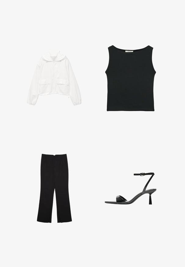 White cropped jacket with a hood, zip front, two snap button pockets, and elastic cuffs. Made from lightweight, textured fabric.; Black sleeveless top made of smooth fabric, featuring a rounded neckline and a fitted design with no visible patterns or embellishments.; Black trousers with a straight fit, featuring front pockets and side slits at the hem. Made of soft, smooth fabric. Suitable for various occasions.; Bershka High heeled sandals - black