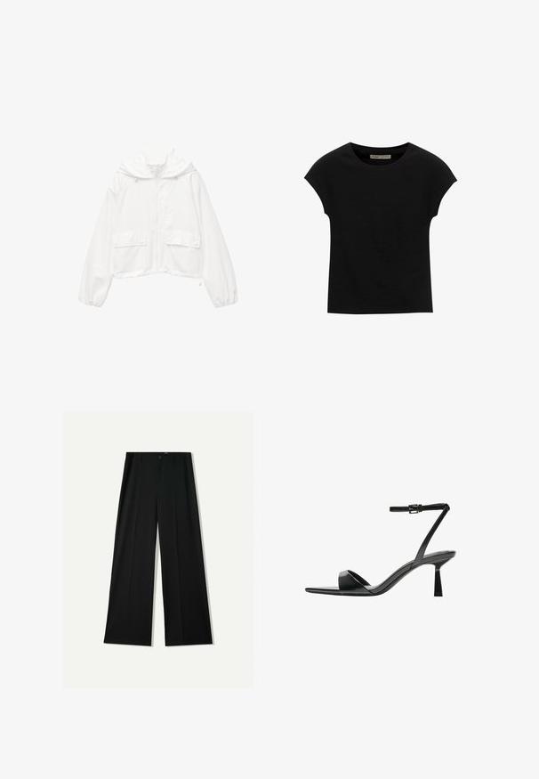 Bela skrajšana jakna s kapuco, z zadrgo spredaj, dvema žepoma na pritisne gumbe in elastičnimi manšeti. Narejena iz lahkega, strukturiranega blaga.; Črna kratka majica s kratkimi rokavi, narejena iz mehke tkanine, z okroglim izrezom in sproščenim krojem, z gladko teksturo in brez vzorcev.; Bershka WIDE - Hlače - black; Bershka Sandali z visoko peto - black