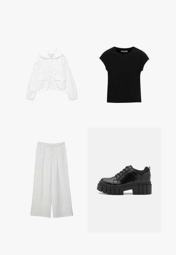 Biała krótka kurtka z kapturem, zapinana na zamek, z dwoma kieszeniami na zatrzask i elastycznymi mankietami. Wykonana z lekkiego, teksturowanego materiału.; Czarna koszulka z krótkim rękawem, wykonana z miękkiego materiału, z okrągłym dekoltem i luźnym krojem, o gładkiej fakturze i bez wzorów.; Białe szerokie spodnie wykonane z lekkiego materiału, z elastyczną talią i sznurkiem do regulacji fasonu. Gładka tekstura.; Czarne skórzane buty na platformie z masywnym słupkowym obcasem, okrągłym noskiem i klasycznym sznurowaniem. Posiadają gładką teksturę i minimalne wykończenia.