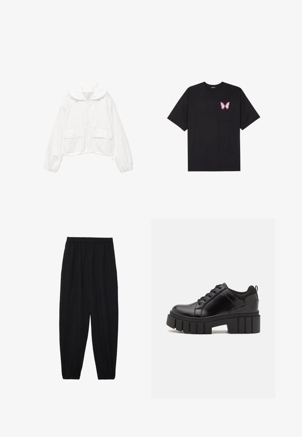 Witte cropped jack met een capuchon, ritssluiting aan de voorkant, twee drukknoopzakken en elastische manchetten. Gemaakt van lichtgewicht, gestructureerde stof.; Zwarte katoenen t-shirt met korte mouwen, voorzien van een kleine roze vlinder graphic op de linkerkant van de borst. Crew neck ontwerp met een relaxte fit.; Zwarte, lichte broek met een elastische tailleband en gathered enkels. De stof is glad en heeft een ontspannen, taps toelopend ontwerp.; Zwarte leren platform schoenen met een stevige blokhak, ronde neus en een traditionele vetersluiting. Kenmerkt zich door een gladde textuur en minimale details.