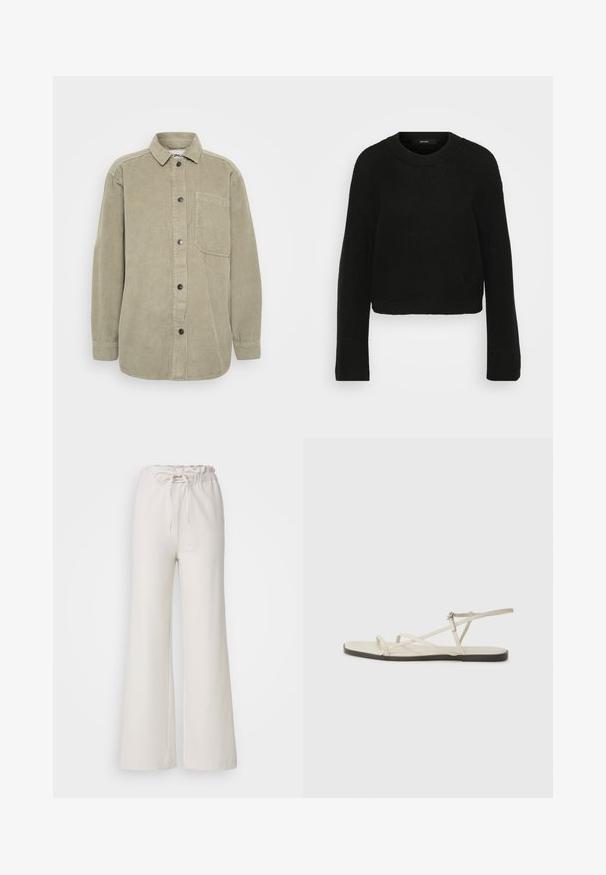 Camisa de veludo cotelê em verde-azeitona, com botão na frente, colarinho pontudo e um bolso no peito. Apresenta textura ribete vertical e botões pretos.; Sweater preto tricotado com decote redondo e mangas longas. Apresenta um padrão texturizado e um design cropped.; Calças largas de um bege claro com uma cintura elástica e um laço ajustável. Feitas de um tecido suave; apresentam um design simples e sem adornos.; Sandália plana bege com várias tiras finas e uma fivela ajustável. A sola é plana com um leve contraste escuro na borda.