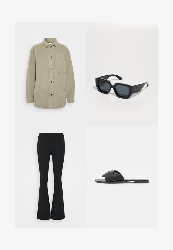 Olivza zaļa korduroja krekls ar pogu priekšpusi, punktveida apkakli un krūšu kabatu. Iezīmē vertikālu ribētu tekstūru un melnas pogas.; Divas divi sieviešu topi: viens balts, otrs melns, izgatavots no mīkstas auduma, ar plānām siksnām un dziļu V veida kakla izgriezumu.; Melnas izplešanās bikses, izgatavotas no elastīga auduma, ar augstu vidukli un gludu tekstūru. Bikses izvēršas no ceļa.; Melnie slaidu iešļūcenes ar krustveida siksnām. Izgatavotas no gludas ādas ar plakanu zoli un minimālu šuvju daudzumu. Vienkāršs, atvērta purngalu dizains.; Melnas lielas saulesbrilles ar ģeometrisku dizainu, taisnstūrveida lēcas un spīdīgu apdari. Uz priekša nav redzama zīmola.