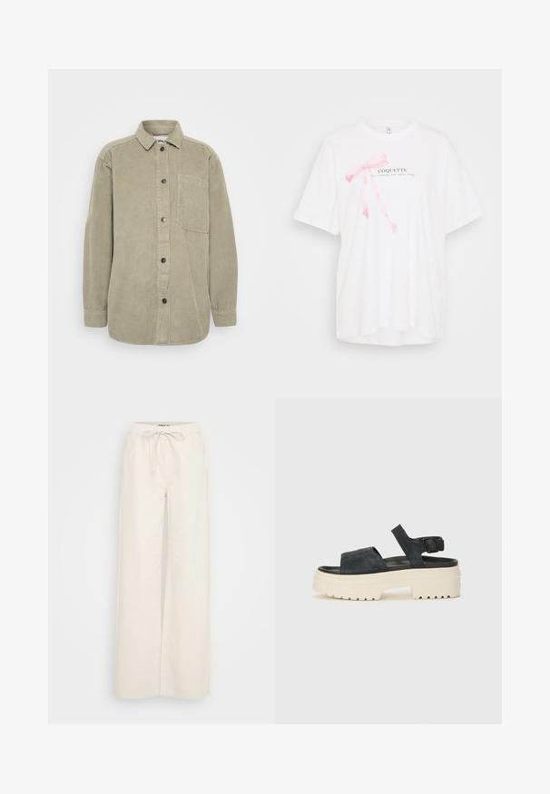 Olivenfarget cordfløyelskjorte med knappelukking i front, spiss krage og brystlomme. Har vertikal ribbet struktur og svarte knapper.; Hvit t-skjorte med korte ermer som har et rosa båndgrafikk og teksten "COQUETTE" i svart. Myk stoff med en avslappet passform.; Videbukser i off-white bomullsstoff, med elastisk midje og snor samt sidelommer. Glatt tekstur, minimalistisk design.; Sorte semsket platåsandaler med en kraftig hvit såle, bred fremre stropp og justerbar ankelspenne. Teksturert yttersåle for godt grep.
