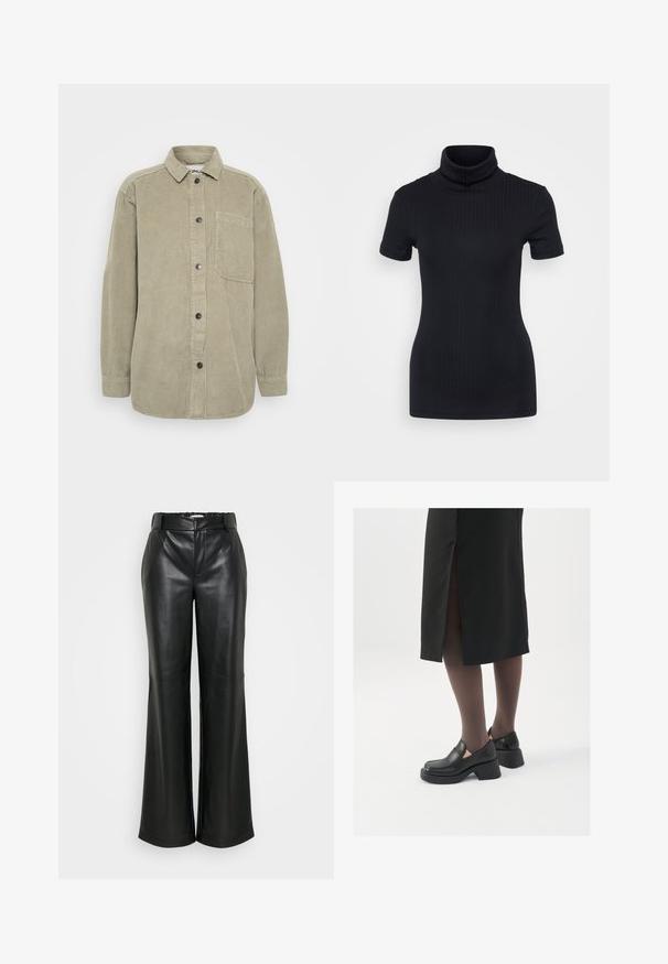 Olivza zaļa korduroja krekls ar pogu priekšpusi, punktveida apkakli un krūšu kabatu. Iezīmē vertikālu ribētu tekstūru un melnas pogas.; Melnas ribotas turtleneck blūze, īsām piedurknēm, pieguļošs dizains, maiga tekstūra, minimāls šuvju skaits un augsts kakls.; ONLY Tall ONLSMOOTH WIDE - Auduma bikses - black; Melni ādas apavi ar noapaļotu purngalu, biezām bloku papēžiem un elastīgiem sānu akcentiem, apvienoti ar tumšām zeķubiksēm un melnu svārku ar šķirbu.