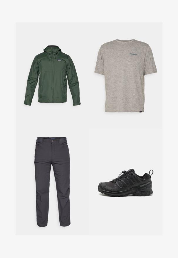 Zielona, lekka kurtka przeciwdeszczowa z kapturem, zamkiem z przodu i bocznymi kieszeniami. Posiada gładką teksturę i detale wentylacyjne.; Szara koszulka z krótkim rękawem, uszyta z miękkiego, teksturowanego materiału, z małym niebieskim logo Patagonia na lewej piersi. Bez dodatkowych wzorów.; Ciemnoszare spodnie wykonane z trwałej tkaniny, z zamkniętą kieszenią, prostym krojem i szlufkami na pasek, umożliwiającymi regulację dopasowania.; Czarny but sportowy z teksturowanym syntetycznym wierzchem, amortyzowaną podeszwą i systemem szybkiego sznurowania. Posiada wzmocniony nos i piętę.