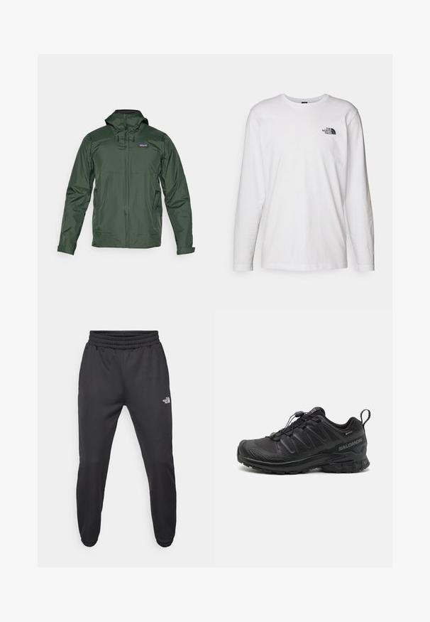 Zielona, lekka kurtka przeciwdeszczowa z kapturem, zamkiem z przodu i bocznymi kieszeniami. Posiada gładką teksturę i detale wentylacyjne.; Biała koszulka z długim rękawem wykonana z bawełny, z okrągłym dekoltem. Posiada małe czarne logo na piersi. Gładka faktura, regularny krój.; Czarne dresy z elastycznym paskiem w talii, zwężanym krojem, elastycznymi mankietami i małym białym logo na lewej udzie, wykonane z gładkiego materiału.; Czarny but sportowy z teksturowanym syntetycznym wierzchem, amortyzowaną podeszwą i systemem szybkiego sznurowania. Posiada wzmocniony nos i piętę.
