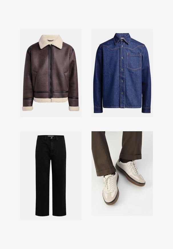 Giacca di pelle marrone con collare e polsini in shearling, dotata di una zip frontale e tasche laterali. Superficie testurizzata con accenti in pelle a contrasto.; Camicia in denim blu scuro a maniche lunghe con colletto a punta, chiusura con bottoni, tasca sul petto e cuciture arancioni a contrasto.; T-shirt in cotone color crema con maniche corte, caratterizzato da un collo rotondo decorato da righe blu navy e bianche. Tessuto liscio, vestibilità comoda.; Pantaloni in denim nero con taglio dritto, design classico a cinque tasche e chiusura con bottone in vita. Tessuto liscio e materiale resistente.; Sneakers beige con una parte anteriore in suede testurizzato, lati in pelle liscia e una suola in gomma marrone. Inclusi lacci e dettagli di cucitura leggera.