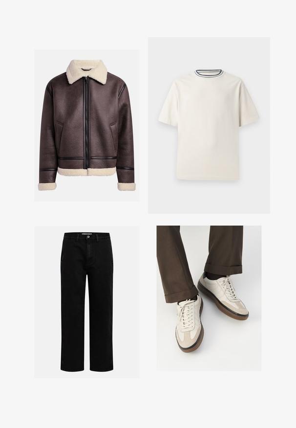 Jachetă din piele maro cu guler și manșete din blană, având un fermoar frontal și buzunare laterale. Suprafață texturată cu accente din piele contrastante.; Tricou din bumbac de culoare crem, cu mâneci scurte, având un decolteu rotund accentuat cu dungi bleumarin și albe. Textură netedă, croi confortabil.; Pantaloni din denim negri cu croi drept, design clasic cu cinci buzunare și închidere cu nasture la talie. Textură netedă și material durabil.; Adidași bej cu un vârf din suede texturat, laterale din piele netedă și o talpă din cauciuc maro. Șireturile și detalii de cusătură subtilă incluse.