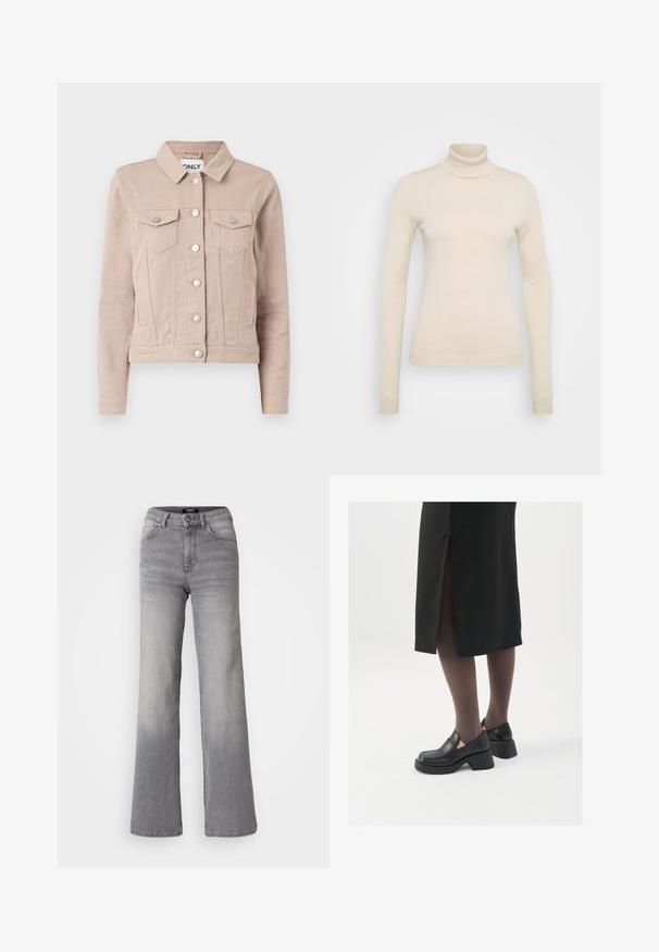 Light beige denim jacket with a collar, silver buttons, two chest pockets, and a fitted shape. Textured fabric.; Vero Moda Tall VMHAPPINESS ROLLNECK - Jumper - oatmeal; High-waisted straight-leg gray denim jeans with front button and zipper, front and back pockets, and faded shading on thighs and calves.; Black leather shoes with a rounded toe, thick block heel, and elastic side accents, paired with dark tights and a black skirt with a slit.