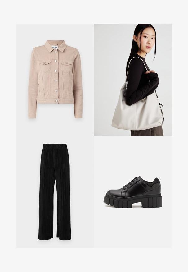 Chaqueta de mezclilla beige clara con cuello, botones plateados, dos bolsillos en el pecho y una forma ajustada. Tejido texturizado.; Camiseta corta blanca de algodón con mangas cortas, cuello redondo y dobladillo recto, con una textura suave y un diseño minimalista.; Pantalones negros de pliegues con una cintura elástica. Presentan piernas anchas y una tela suave y texturada con rayas verticales.; Zapatos de plataforma de cuero negro con un tacón cuadrado grueso, punta redonda y diseño tradicional de cordones. Presenta una textura suave y un detalle minimalista.; Bolso de mano beige hecho de material suave, con un diseño holgado, detalles cosidos y dos asas. Adecuado para uso diario.
