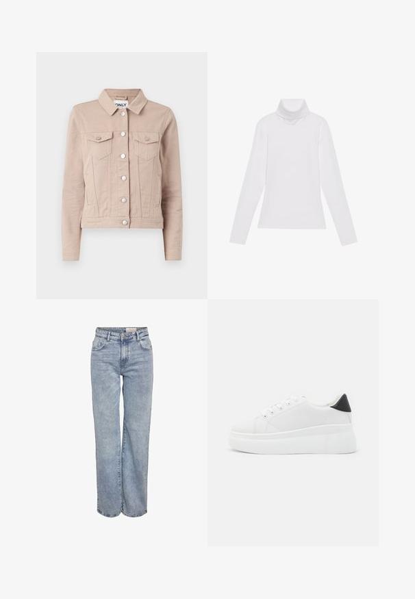 Svijetlo bež traper jakna s ovratnikom, srebrnim gumbima, dva džepa na prsima i prilagođenim oblikom. Teksturirani materijal.; Bijela majica dugih rukava s rolificom izrađena od glatkog, rastezljivog materijala. Ima visoki ovratnik i uski kroj, bez vidljivih uzoraka ili ukrasa.; Svijetloplave široke traperice napravljene od denima, s visokim strukom, dizajnom od pet džepova i suptilnim izbljeđivanjem za izgled nošenih traperica.; Bijele platforme tenisice napravljene od glatkog sintetičkog materijala, s okruglim vrhom, dizajnom s vezanjem i teksturiranom gumenom potplatom. Crni detalj na peti.