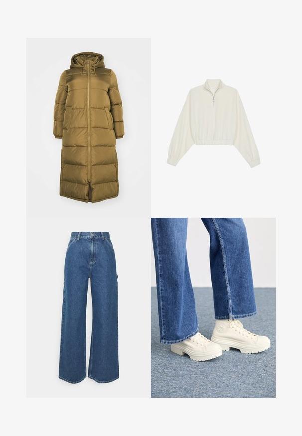 Vero Moda Curve VMCKLEA LONG COAT - Zimní kabát - capers; Zkrácený svetr z krémové látky, který má vysoký límec, poloviční zip, elastický spodní lem a manžety, hladkou texturu a minimalistický design.; Široké modré džíny s vysokým pasem, kontrastním šitím a postranními kapsami, které mají klasický design s pěti kapsami a rozstřižené lemy.; Bílé vysoké tenisky s tlustými, vroubkovanými podrážkami a kulatým logem, které jsou nošeny s světle modrými, širokými džíny.