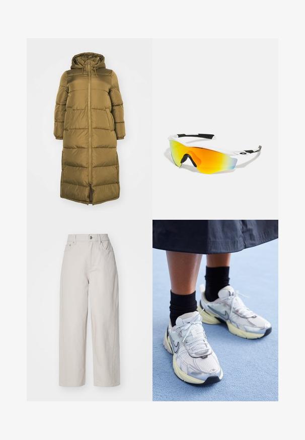 Vero Moda Curve VMCKLEA LONG COAT - Wintermantel - capers; Gekürztes, geripptes Oberteil in Dunkelblau mit hohem Kragen und dezentem Nike-Logo. Der Stoff hat ein strukturiertes, elastisches Erscheinungsbild.; Beige weite Baumwollhosen mit hoher Taille, Knopf- und Reißverschluss, und vier Taschen; glatte Textur mit Jeansoptik.; Weiße und silberne Nike-Sneaker aus Mesh-Gewebe, mit reflektierenden Akzenten und einer beigen Sohle. Getragen mit schwarzen Socken und stehend auf einer blauen Fläche.; Weiße Sportsonnenbrille mit einer geschwungenen Form, schwarzen Gummibezügen und einem verspiegelten orange-gelben Glas, das zu blau übergeht.; Silberne Creolen mit einer glatten, polierten Oberfläche. Runder Form und sicherem Klickverschluss. Leichtes Design, geeignet für den täglichen Gebrauch.