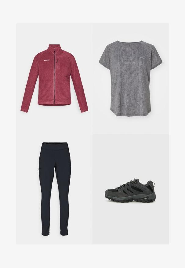 Burgundia fliisjakk kõrge kraega, tõmbluku ees ja rinna taskuga. Omab siledat õmblust ning logo vasakul ülal.; Hallja lühikeste varrukatega hall särk, millel on peen tekstuurne muster, ümmargune kaelus ja Columbia logo rinnal. Pehme kangas, lõdvestunud istuvus.; Mustad mustad sportpüksid kitsaste lõikega, elastse vöökoha ja küljetaskuga, millel on tõmblukk. Sile, veniv kangas minimaalsete õmblustega.; Columbia REDMOND - Matkajalatsid - black/citron haze