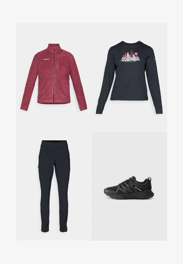 Giacca in fleece bordeaux con colletto alto, zip frontale e taschino sul petto. Presenta cuciture piatte e un logo sul lato sinistro in alto.; Maglietta a maniche lunghe grigia scura con una grafica di alberi rossi e montagne; logo "COLUMBIA" in caratteri bianchi in grassetto. Tessuto morbido, scollatura a girocollo standard.; Pantaloni sportivi neri con vestibilità aderente, vita elastica e una tasca laterale con zip. Tessuto liscio e elasticizzato con cuciture minime.; Columbia PEAKFREAK - Scarpa da hiking - black