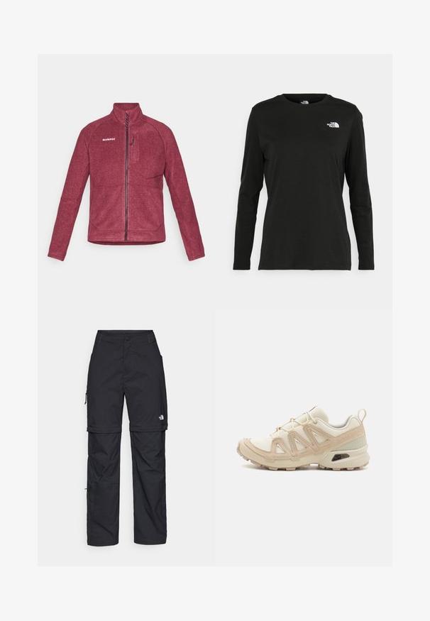 Burgundi színű gyapjú pulóver magas gallérral, cipzáras elülső résszel és mellzsebből. Laposeművű varrásokkal és logóval a bal felső oldalon.; Fekete, hosszú ujjú póló pamutból, kerek nyakkal. A bal mellrészen egy kis fehér logó található. Egyszerű dizájn és szabás.; Fekete nylon zipzáras cargo nadrág állítható mandzsettával, több zsebbel és logóval a jobb lábon. Simább, könnyű textúra.; Beige és krém színű sportcipő, texturált hálós felsőrésszel, támogató burkolattal és gumitalppal, amely tapadás érdekében bordázott mintázattal rendelkezik.
