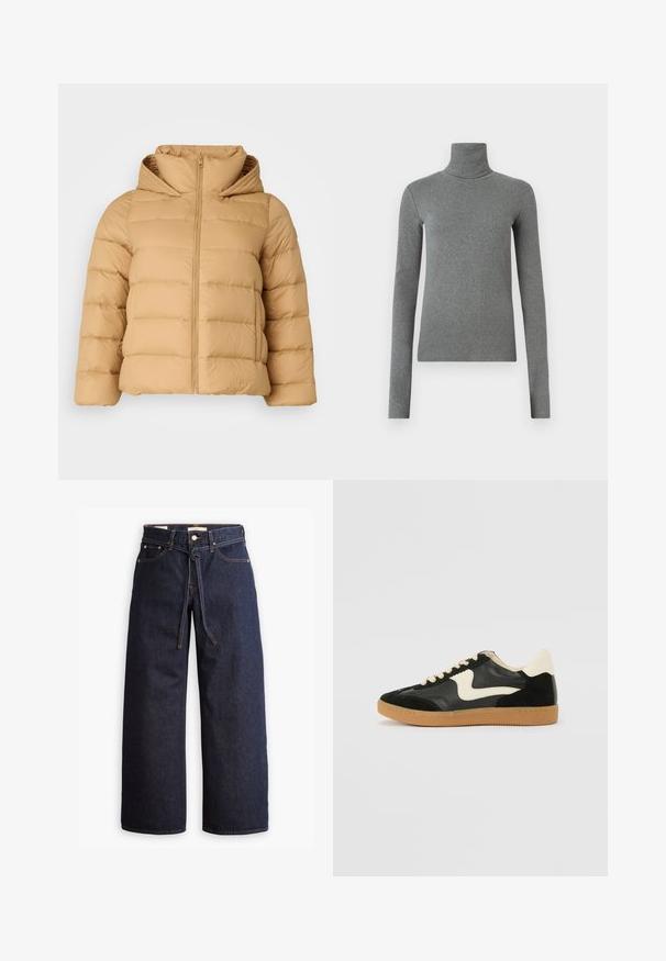 Tommy Hilfiger Curve CASUAL HOOD JACKET - Pūkinė striukė - classic khaki; Pilkas golfas, pagamintas iš lygaus, elastingo audinio. Ilgos rankovės, prilipęs dizainas, minimali tekstūra, be matomų raštų ar metalinių detalių.; Plačios kojų tamsiai mėlynos džinsinės kelnės su aukštu liemeniu, turinčios raištį, penkias kišenes ir kontrastingas siūles.; Juodos zomšo ir odos sportinės bateliai su kreminiu šoniniu swoosh ir šviesiai kreminiu kulnu. Ypatybės - smėlio spalvos raišteliai ir guminis padas.