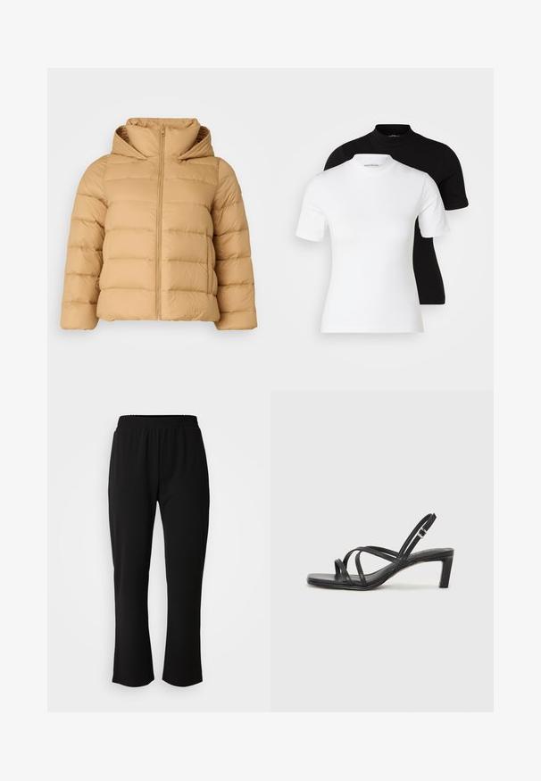 Tommy Hilfiger Curve CASUAL HOOD JACKET - Μπουφάν με πούπουλα - classic khaki; Even&Odd Petite 2 PACK - Βασικό μπλουζάκι - white/black; ONLY Carmakoma CARLAMA STRAIGHT - Παντελόνι - black; Μαύρη σανδάλι με λουράκια και τετράγωνη μύτη, καθώς και χαμηλό μπλοκ τακούνι. Διαθέτει πολλαπλά λεπτά λουράκια και ρυθμιζόμενο λουράκι στον αστράγαλο. Κατασκευασμένο από λείο δέρμα.