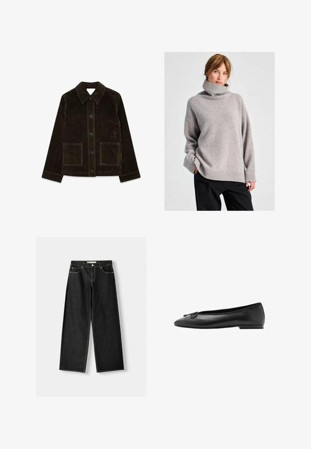 Brown suede jacket with a large collar, front button closure, and two patch pockets. Features a textured surface and tailored fit.; Woman with light brown hair wearing a loose gray turtleneck sweater and black pants, standing against a plain light background.; Black denim wide-leg jeans featuring five pockets, metal button and zipper closure, and contrasting yellow stitching along the seams.; Black leather ballet flats featuring a rounded toe, slim silhouette, and a decorative bow on the front. Low, rectangular heel.