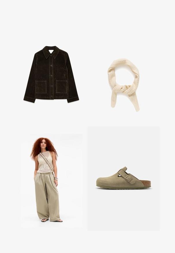 Bruine suede jas met een grote kraag, sluiting met knopen aan de voorkant en twee opgestikte zakken. Heeft een gestructureerd oppervlak en een getailleerde pasvorm.; Crème kleurige gebreide trui met een ronde hals, geribde manchetten en zoom. Zachte textuur met een iets losse pasvorm, met een eenvoudig, strak ontwerp.; Jonge vrouw met lang, krullend rood haar die een beige mouwloos gebreid topje, wijde kaki broeken, slippers, een crossbody tas en armbanden draagt.; Olijfgroene suede clog met een ronde neus, verstelbare band, kurken voetbed en gestructureerde rubberen zool, met een gladde afwerking en uitsnijdetails.; Gebreide crèmekleurige sjaal met een gestructureerd patroon van kleine gaatjes. Heeft een gedraaide vorm, die een lus vormt met twee hangende uiteinden.