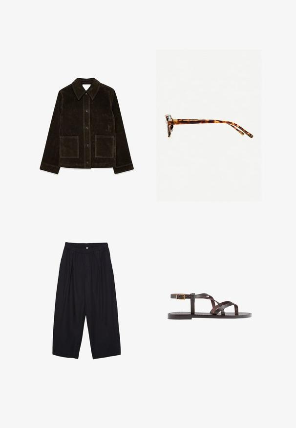 Giacca in suede marrone con un ampio colletto, chiusura frontale a bottoni e due tasche a toppa. Presenta una superficie testurizzata e una vestibilità sartoriale.; T-shirt bianca in cotone con scollatura rotonda e maniche corte. Design semplice, texture liscia, senza motivi o dettagli.; Pantaloni culotte neri in poliestere con una cintura elastica, due pieghe frontali e una silhouette ampia. Nessun motivo visibile o dettagli in metallo.; Sandal in pelle marrone con cinturini incrociati, chiusura con cinturino alla caviglia e suola piatta con dettagli di cucitura minimi.; Occhiali da sole tartarugati con una montatura spessa, tempie leggermente curve e superficie liscia. Presentano un design classico con una finitura lucida.