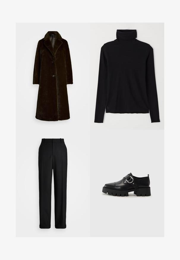 Casaco de pelúcia escura em marrom com colarinho recortado, fecho de botão único e mangas longas. Textura suave com um forro liso.; suéter preto de gola alta feito de tecido canelado. Mangas compridas, design ajustado e uma bainha ligeiramente descontraída, sem padrões visíveis ou acessórios.; Polo Ralph Lauren HIGH RISE RELAXED STRAIGHT TROUSER - Calças - black; Sapatos pretos de couro com sola grossa e estriada, apresentando um detalhe em hardware prateado circular e costura mínima.