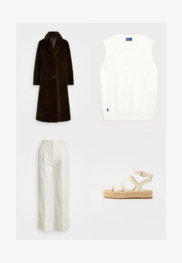 Mākslīgās kažokādas apmetnis tumši brūnā krāsā ar iegrieztu apkakli, vienas pogas aizdari un garām piedurknēm. Mīksta tekstūra ar gludu oderi.; Balts bezpaliktņa džemperis, izgatavots no gludas kokvilnas, ar ribotu apmalīti un mazu tumši zilu logotipu apakšējā kreisajā stūrī. Vienkārša dizaina, bez rakstiem.; Baltas, piegriezts bikses ar augstu jostu, dubultām priekšējām krokām un platajām kājām ar salocītām malām. Izgatavotas no gludas, strukturētas auduma.; Gai bēšs ādas espadrilu sandalītes ar četriem krusteniskiem siksniņām un potītes sprādzi, kurām ir austs jūtas platformas zole un plakana gumijas pamatne.