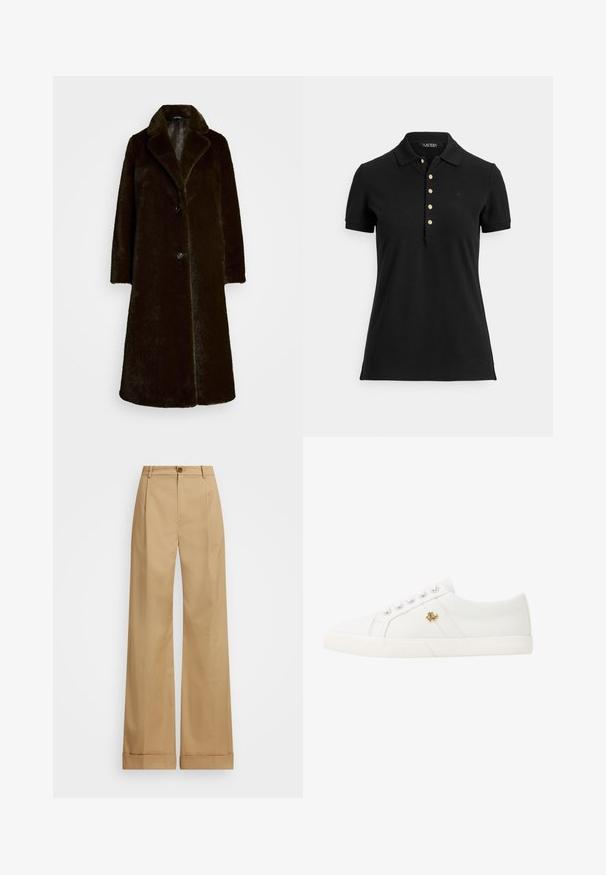 Tamsiai rudas dirbtinio kailio paltas su iškirpte, viena mygtuko uždarymu ir ilgomis rankovėmis. Minkšta tekstūra su lygia pamušalu.; Juoda polo marškinėliai iš tekstūruotos medžiagos, turintys apykaklę, trumpas rankoves ir apatinę dalį su auksiniais mygtukais. Švelnus logotipo detalė ant krūtinės.; Šviesiai rudos plačios kojinės kelnės su mygtuko uždarymu, pasižyminčios lygia medžiaga ir prispaustomis raukšlėmis. Kantai yra su apvadu, suteikiančiu papildomą detalę.; Lauren Ralph Lauren JANSON II CANVAS SNEAKER - Sportbačiai - optic white