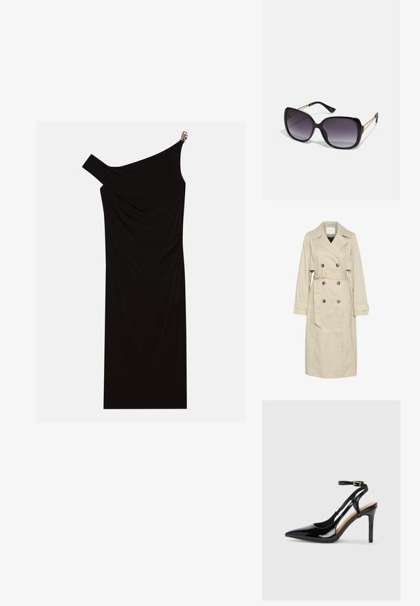 Beige värvi trench coat, mis on valmistatud kergest materjalist, topeltpuusadega disainiga, suurte nööpidega ja sidumisrihmaga vööga. Pika varrukaga ja klassikalise kraega.; Mustaline ühe õlavarrega kleit, mis on valmistatud voolavast kangast, millel on kuldne aktsent õlal, sile tekstuur ja põlvekõrgune disain.; Mustast patendnahast kõrge kontsaga slingback kingad, millel on terav varvas, reguleeritav pahkluu rihm ja avatud küljed. Sile tekstuur.; Mustad ümarad päikeseglaasid, millel on gradient objektiivid, paksud raamid ja kuldse tooni kettaga kaunistused tempelitel.; Must musta kott, millel on struktureeritud kuju, sile tekstuur ja metallist klamber. Kombineeritud laiate mustade pükstega ja avatud varvaste sandaalidega puidust põrandal.