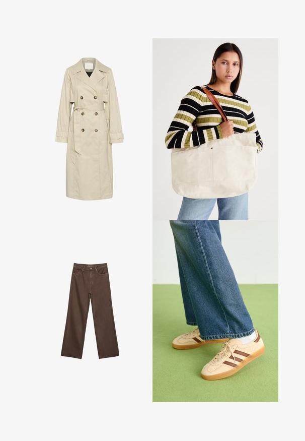 Beżowy trencz wykonany z lekkiego materiału, z podwójnym zapięciem, dużymi guzikami i wiązanym paskiem w talii. Długie rękawy i klasyczny kołnierz.; Biała koszulka z długim rękawem wykonana z prążkowanej tkaniny, z okrągłym dekoltem i prostym wykończeniem. Prosty, jednolity wzór.; Szerokie brązowe dżinsy wykonane z denimu, z wysokim stanem, przednimi kieszeniami i klasycznym zapięciem na guzik. Gładka faktura z subtelnym przeszyciem.; Beżowe sneakersy z fakturowanymi kremowymi panelami i brązowymi paskami, w połączeniu z niebieskimi dżinsami. Dżinsy mają szerokie nogawki i postrzępione wykończenie.; Duża beżowa torba płócienna z brązowymi skórzanymi uchwytami, charakteryzująca się minimalistycznym wzornictwem oraz widocznymi szwami.