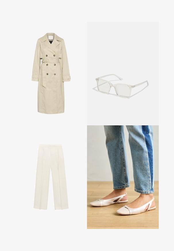 Béžový trenčkot vyrobený z ľahkej tkaniny, s dvojradovým zapínaním, veľkými gombíkmi a opaskom na viazanie v páse. Dlhé rukávy a klasický golier.; Biela krátkorpávová tričko s okrúhlym výstrihom, vo voľnom strihu, vyrobené z mäkkého materiálu. Bez vzorov a akcentov, so štandardným lemom.; Široké nohavice vo svetlej krémovej farbe. Vyrobené z hladkej látky s skladmi vpredu a bočnými vreckami.; Svetloružové slingback baleríny s jemne špicatou špičkou, vyrobené z hladkého materiálu pripomínajúceho kožu. Majú výrezové detaily na stranách a plochý opätok.; Priehľadné plastové okuliare s námestovými rámami a priehľadnými šošovkami, s kultivovanými zlatými akcentmi na spánkoch pre zvýraznenie detailov.; Čierna semišová taška so hladkou textúrou, štruktúrovaným tvarom a kontrastným šitím. Obsahuje dlhé popruhy na nosenie na ramene.