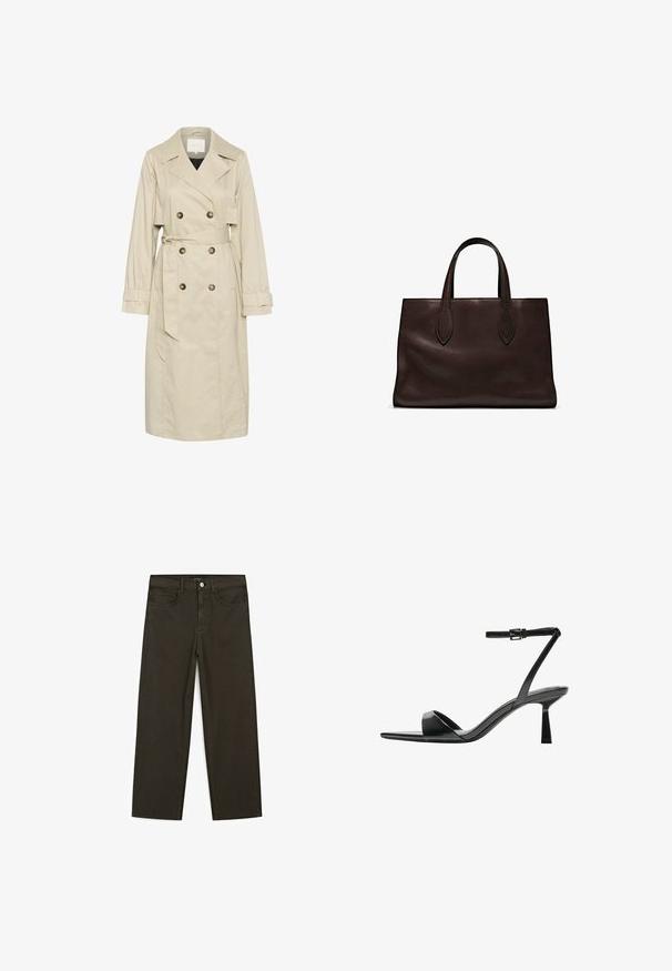 Beige Trenchcoat aus leichtem Stoff, mit einem doppelt knöpfbaren Design, großen Knöpfen und einem gebundenen Taillengürtel. Lange Ärmel und klassischer Kragen.; Braunes Baumwoll-T-Shirt, kurze Ärmel, runder Halsausschnitt, lockere Passform, glatte Textur, minimalistisches Design, keine sichtbaren Muster oder Akzente.; Dunkelgrüne Jeans im weit geschnittenen Style, hergestellt aus einem Baumwollgemisch. Sie verfügen über einen Frontknopfverschluss, fünf Taschen und klassische Denim-Nähte.; Bershka High Heel Sandalette - black; Braune Ledertasche mit zwei langen Griffen, strukturierte rechteckige Form, glatte Textur und dezente Nähdetails.