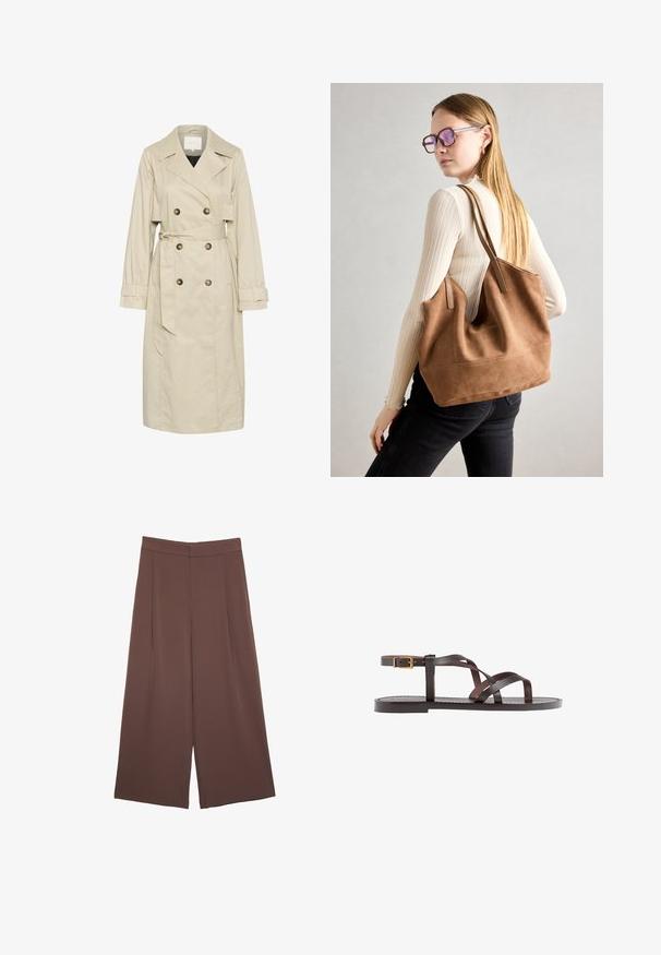 Beige trenchcoat lavet af letvægtsstof, med dobbeltradet design, store knapper og en bindebælte i taljen. Lange ærmer og klassisk krave.; Brun bomulds t-shirt med korte ærmer og dyb V-hals. Enkel design, blød tekstur og lige kant. Ingen mønstre eller detaljer.; Brune bredbunde bukser med en glat tekstur, der har høj talje og plisseringer foran. Stoffet er let og falder løst.; Brune lædersandal med krydsende stropper, ankelspænde og en flad sål med minimale syninger.; Brun ruskind tote taske med blød tekstur, stor åbning og lange stropper. Har et enkelt design med synlige syninger og ingen hardware.