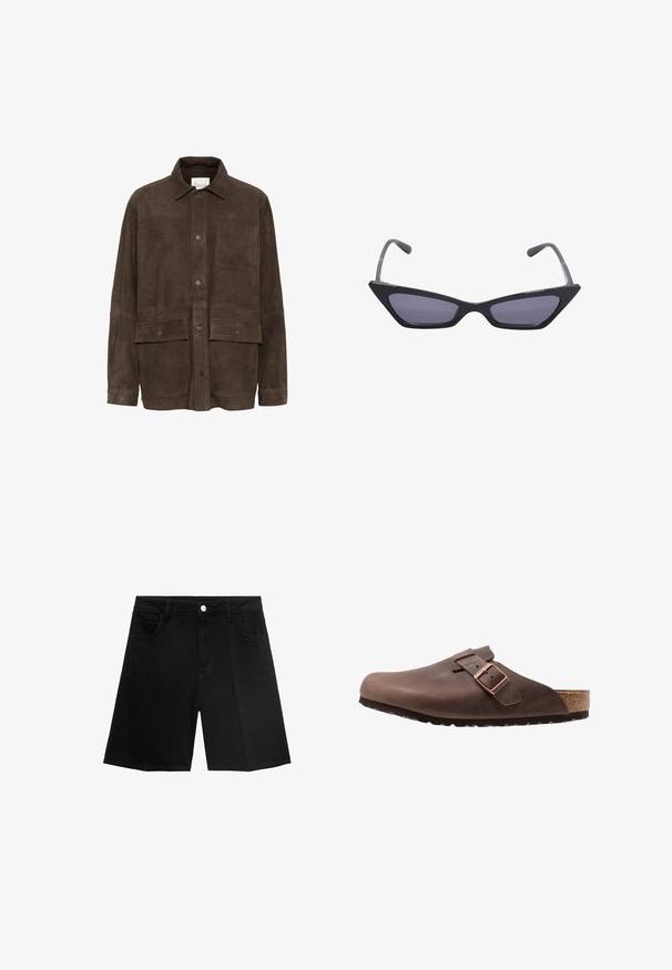 My Essential Wardrobe OLLY - Cappotto corto - delicioso; T-shirt nera in cotone con maniche corte e abbassate, colletto rotondo e vestibilità morbida. Texture liscia e lunghezza cropped.; Shorts in denim nero con taglio dritto, cinque tasche e chiusura con bottone argentato. Texture liscia con dettagli di cucitura minimi.; Zoccoli in pelle marrone con una ampia punta, cinturino regolabile con fibbia in metallo e soletta in sughero-lattice. Suola in gomma con battistrada per una migliore aderenza.; Occhiali da sole neri angolari con lenti grigie a tonalità sfumata, caratterizzati da bordi netti e tempie sottili. Il design include una finitura lucida.; Borsa a tracolla in pelle bianca con forma curva, dotata di un logo "CK" impresso sul davanti e una singola tracolla. Chiusura a zip nella parte superiore.