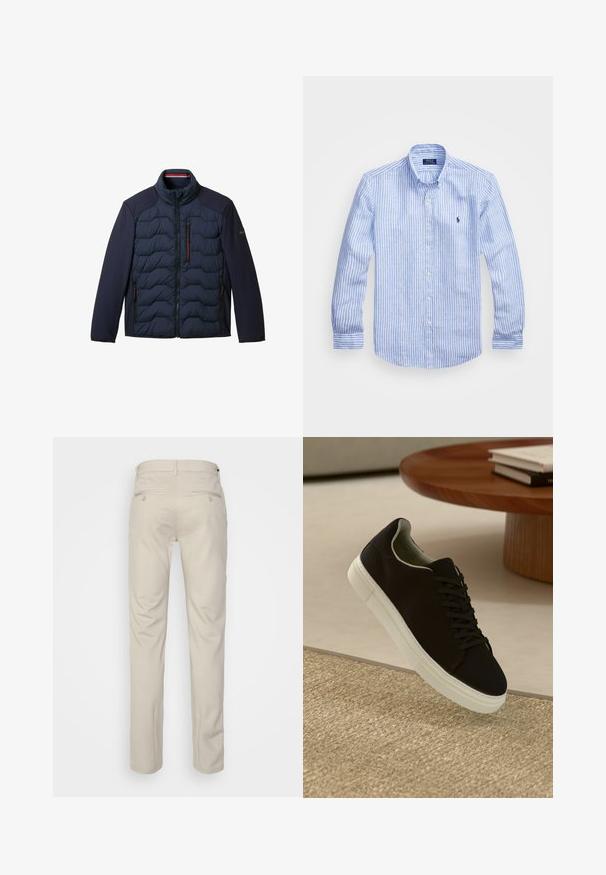 Mornarska puhovka z visokim ovratnikom, quilted telesom in gladkimi stranskimi ploščami. Ima dve zadrgi na stranskih žepih in žep na prsih z zadrgo.; Modra in bela prugasta srajca z dolgimi rokavi iz bombaža, s kragnico na gumb, sprednjimi gumbi in majhnim izvezenim logotipom na prsih.; Bež hlače z gladko teksturo, ravnega kroja, dvema zadnjima žepoma z gumbi in standardnim pasom.; Črni športni copat z belim podplatom lebdi nad bež teksturiranim preprogam blizu okroglega lesenega mize z zloženimi knjigami.