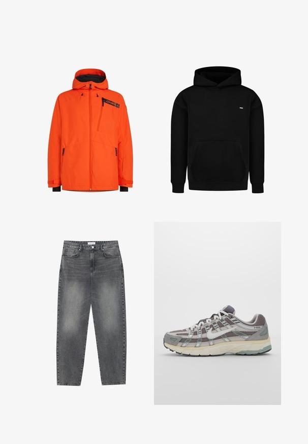 Oranje waterdichte jas met een capuchon, voorzien van ritssluitingenzakken, elastische manchetten en een zwart merkl logo. Vlotte textuur en modern design.; Zwarte hoodie van een katoenmix, met een kangoeroezak, geribde manchetten en een klein logo op de borst.; Witte katoenen t-shirt met korte mouwen, ronde hals en een losse pasvorm. Glad textuur en geen zichtbare patronen of accenten.; Hoge taille, losvallende jeans van vervaagd zwart denim. Beschikt over vijf zakken, riemlussen en een schone, rechte broekspijp ontwerp.; Grijze sportieve schoen met een bovenwerk van mesh en suede, witte accenten, een gevoerde zool en een onderscheidend ontwerp met reflecterende elementen.