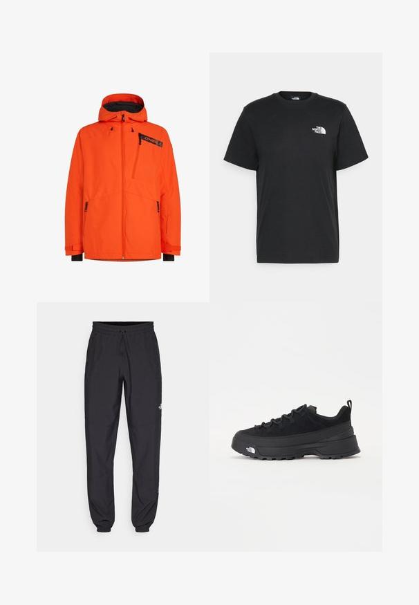 Oranž mantel veepidavusega kapuutsiga, millel on lukuga taskud, elastsed mansetid ja must brändi logo. Sujuv tekstuur ja kaasaegne disain.; Musthave musta puuvillane T-särk lühikeste varrukatega, ümmargune kaelus ja väike valge logo vasakul rinnal. Lihtne disain, sile tekstuur ja mugav lõige.; Mustavad sportlikud püksid, mis on valmistatud kergest kangast, joonlauaga taljest, küljetaskudega ja kitsenevate varrukatega pahkluude juures.; Must musta jalats, millel on sametised ülemused, tekstuuriga kummist põhi ja vastupidav sidumise süsteem. Omab tugevdust kannaosas ja brändi logo küljes.